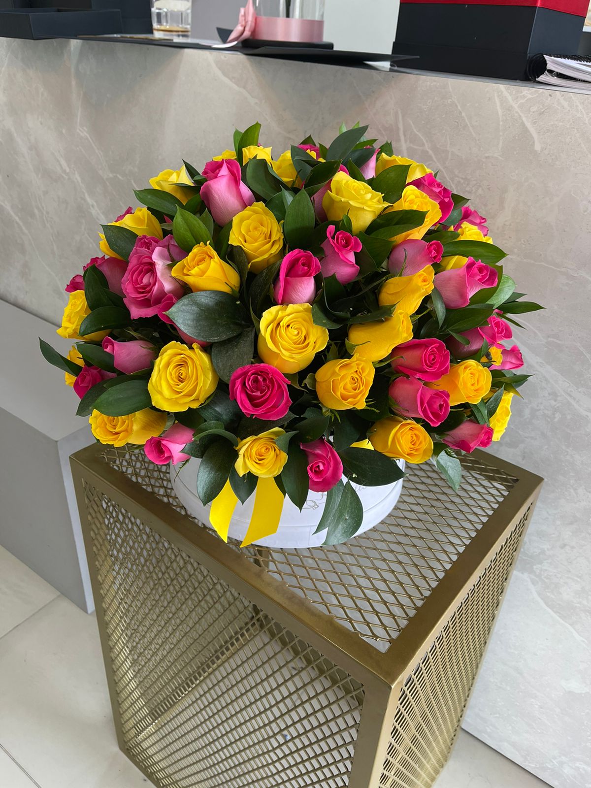 Rose pom-pom with foliage