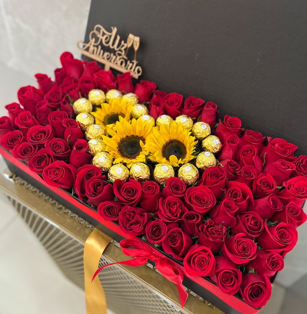 Square Box with Roses, Ferrero Rocher and Sunflowers 🌻