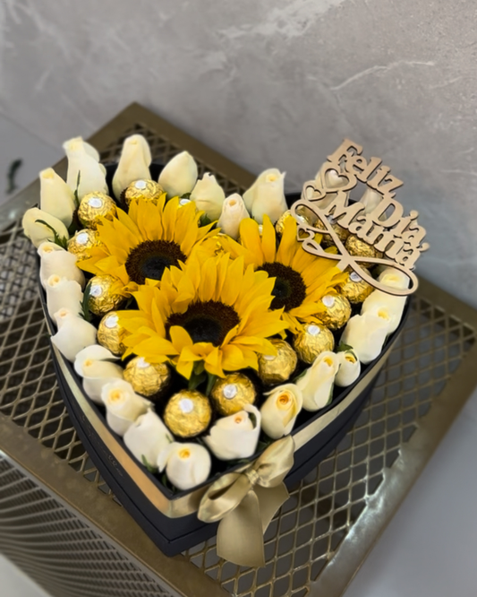 Caja Corazón con Rosas, Ferreros y Girasoles ❤️🌻